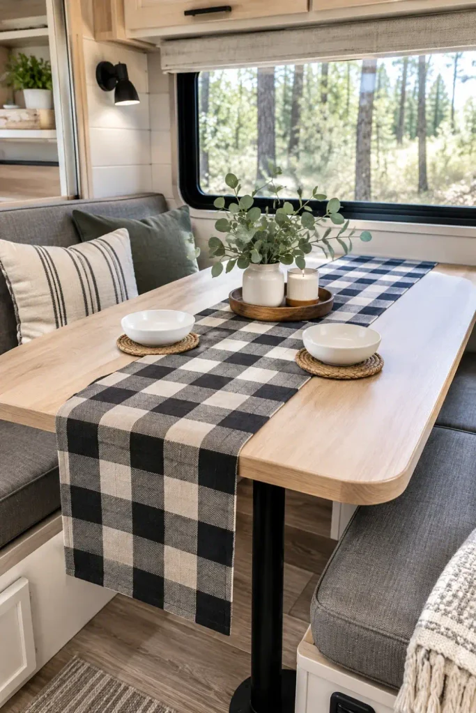 Black and cream buffalo plaid table runner styled on a light wood camper dinette table for RV Halloween decor