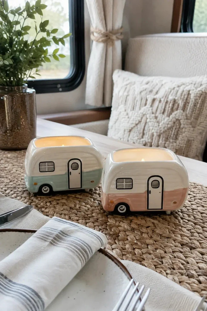Small ceramic camper-shaped candy bowls with LED tealights arranged on an RV table runner