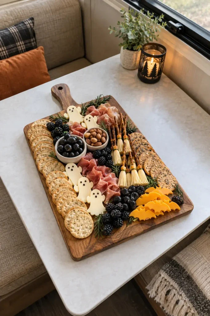 Halloween themed snack and charcuterie board styled as an edible centerpiece on a camper dinette table