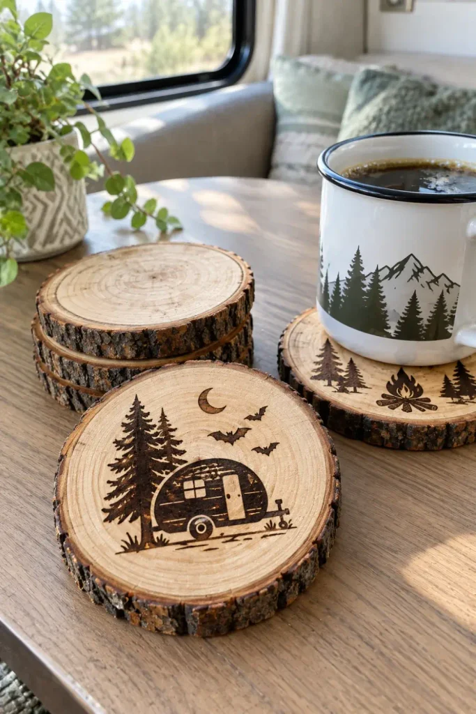 Engraved wood-slice coaster with a spooky vintage camper silhouette on an RV dinette table