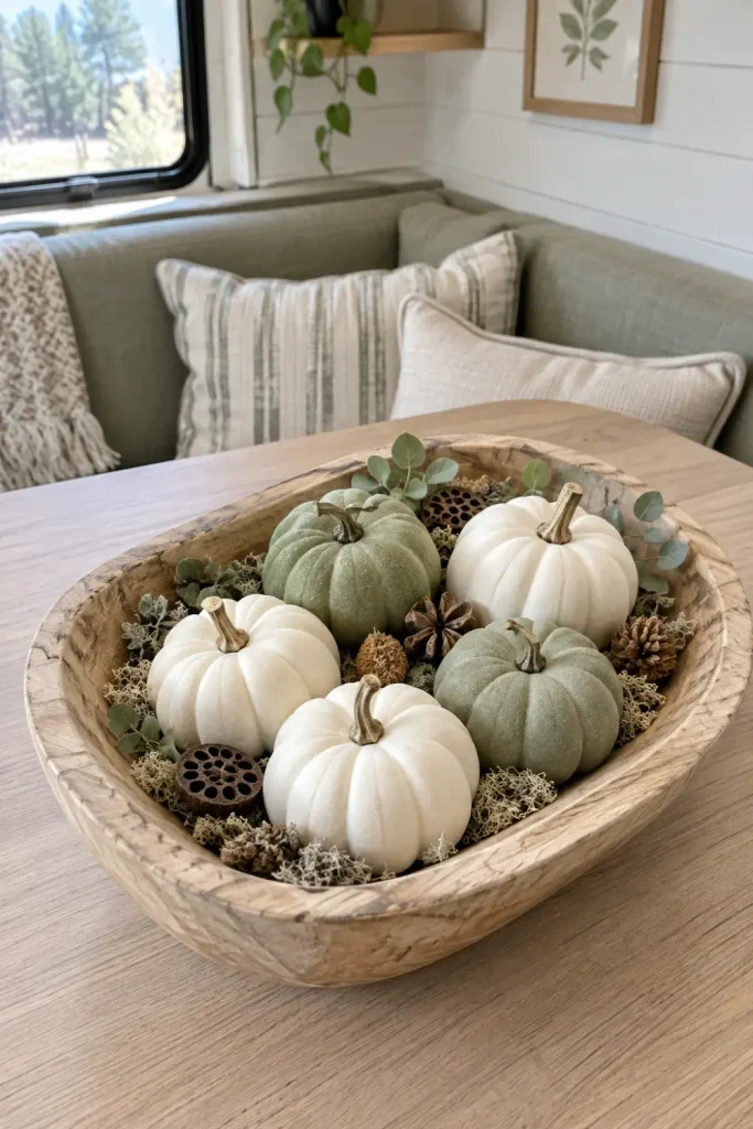 Mini white and sage green foam pumpkins clustered in a shallow wooden dough bowl on an RV table