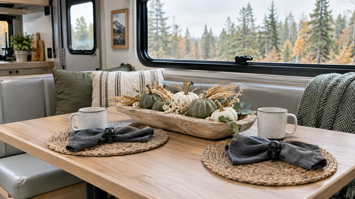 Natural light RV Halloween table decor on a camper dinette with white mini pumpkins, dried wheat, and woven jute placemats.