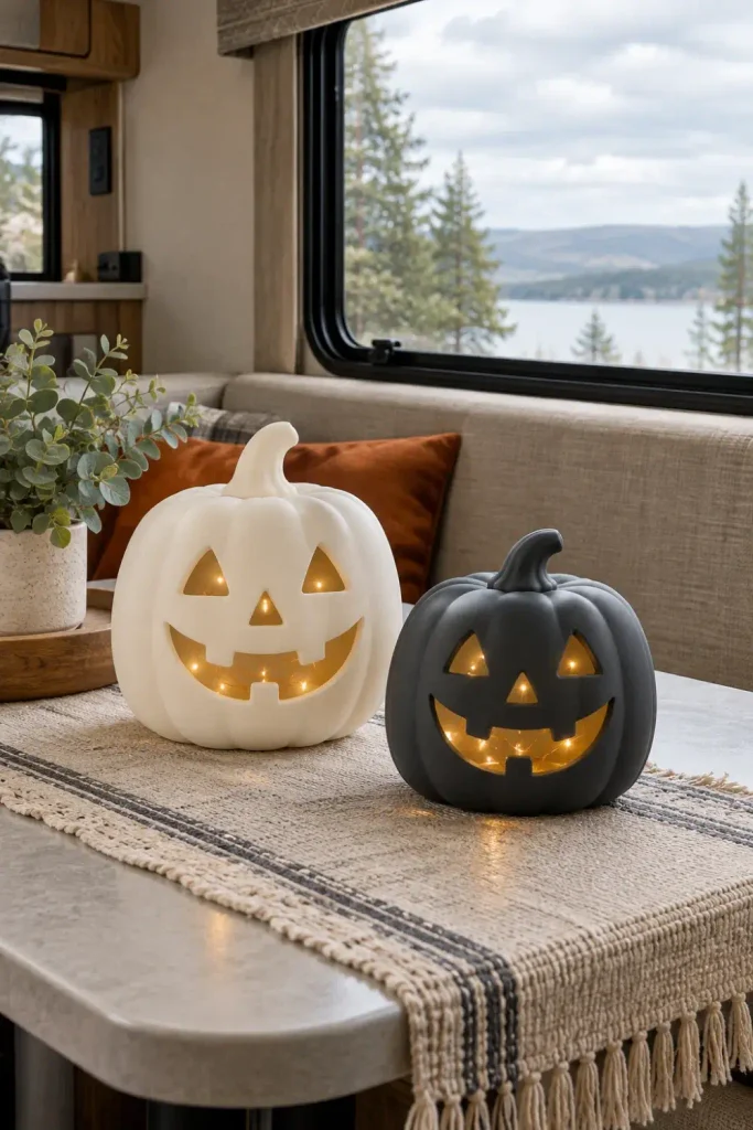 Modern silicone jack-o'-lanterns with micro fairy lights on a camper dining table for safe RV Halloween decor