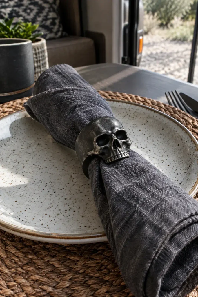 Charcoal linen napkin rolled in a matte black skull napkin ring on an RV dining place setting