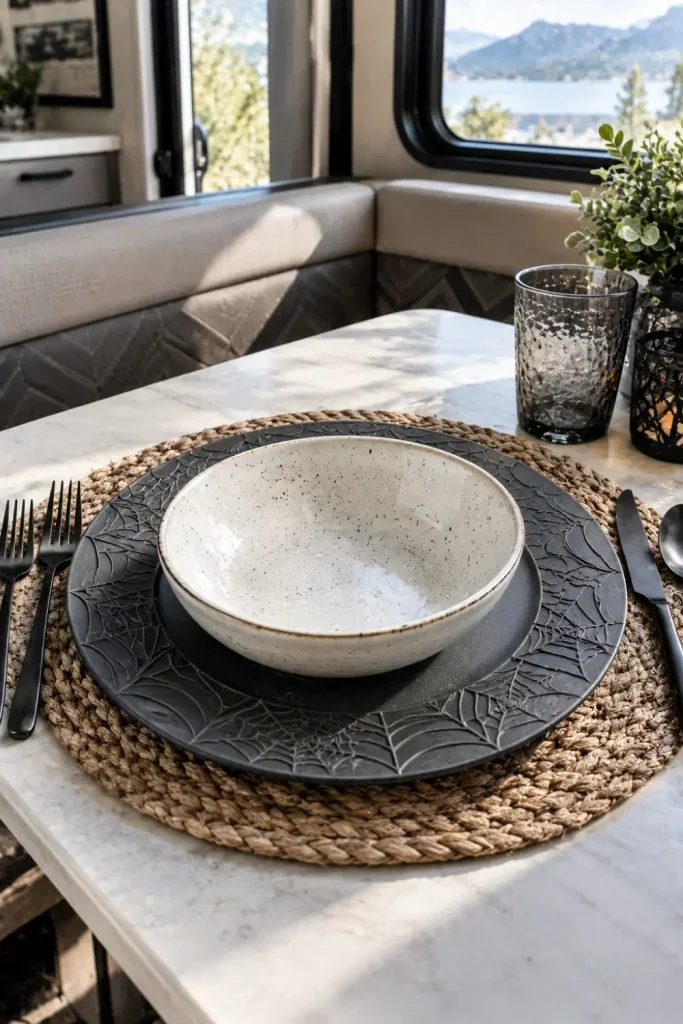 Matte charcoal spiderweb melamine charger plate layered beneath camp dinnerware on an RV dinette