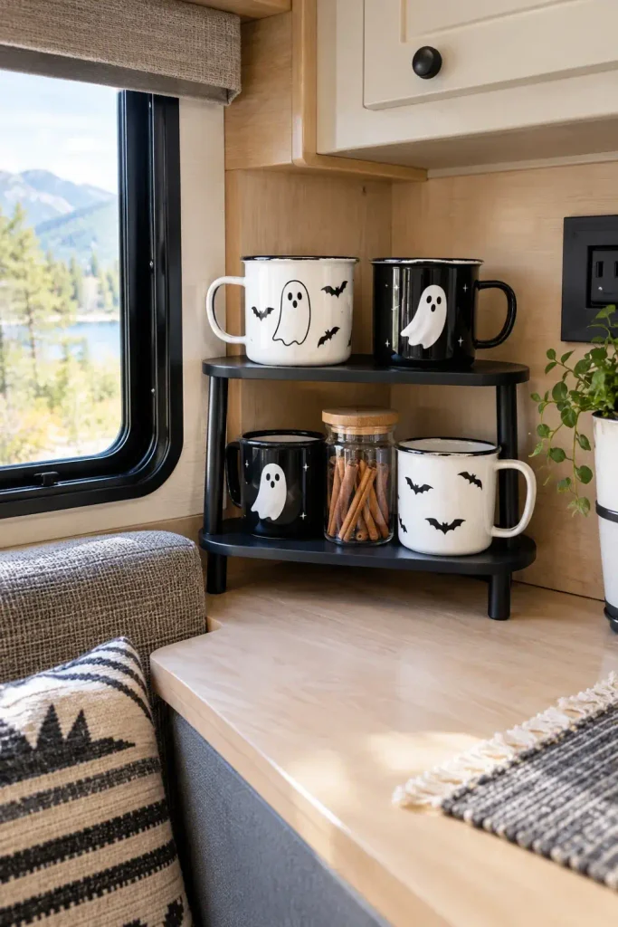 Two-tier campware mug riser with festive ghost mugs displayed on a camper table coffee station
