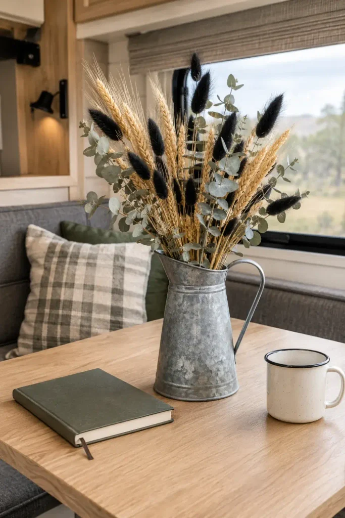 Galvanized tin pitcher filled with dried wheat and black bunny tails on a camper dining table