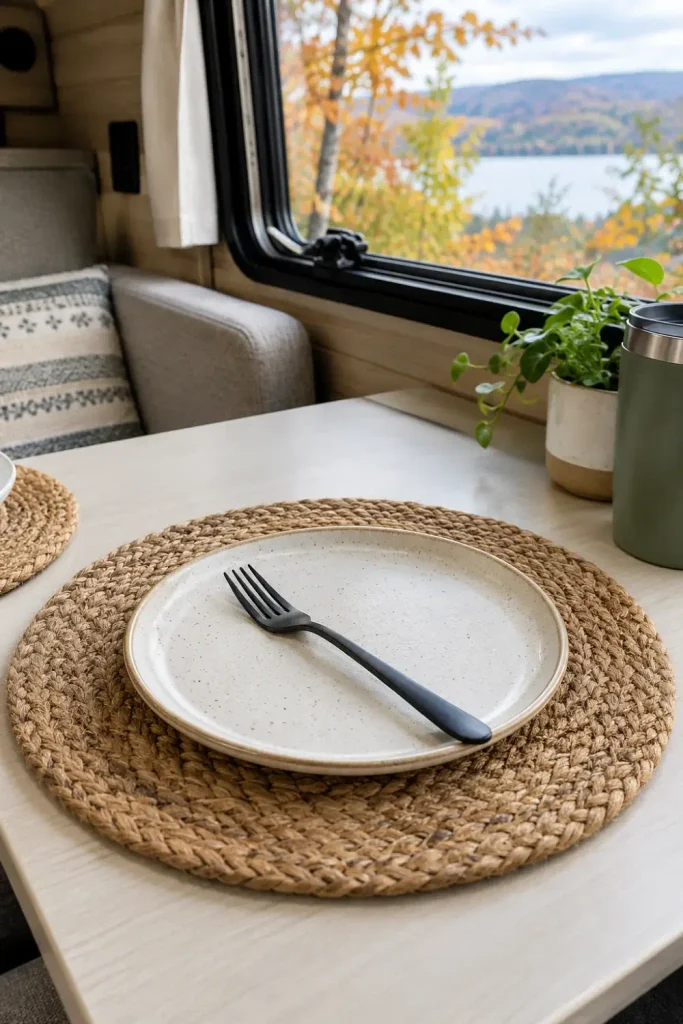 Round braided natural jute placemat styled with camper dinnerware on an RV dinette tabletop