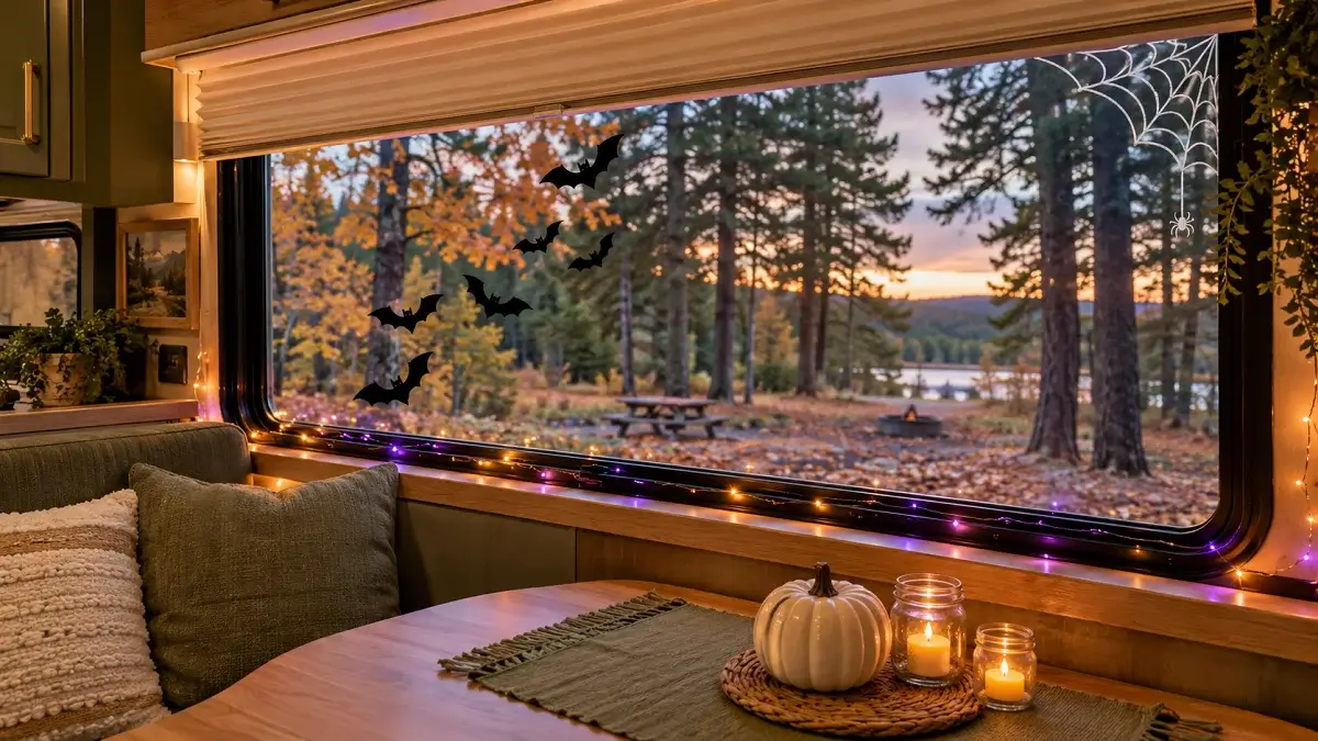 Cozy camper dinette window decorated for Halloween with black bat silhouettes, glowing fairy lights, and mini mason jar lanterns at dusk.