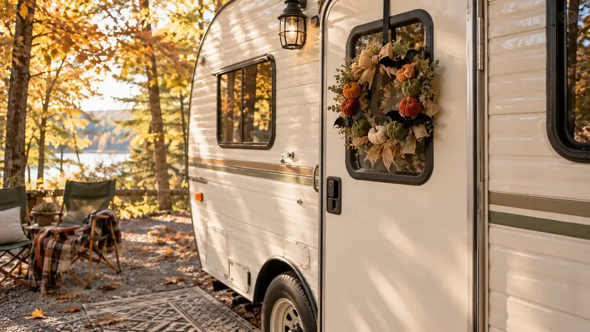 Charming low-profile handmade Halloween wreath with burlap and mini velvet pumpkins hanging on an RV camper door in an autumn campsite