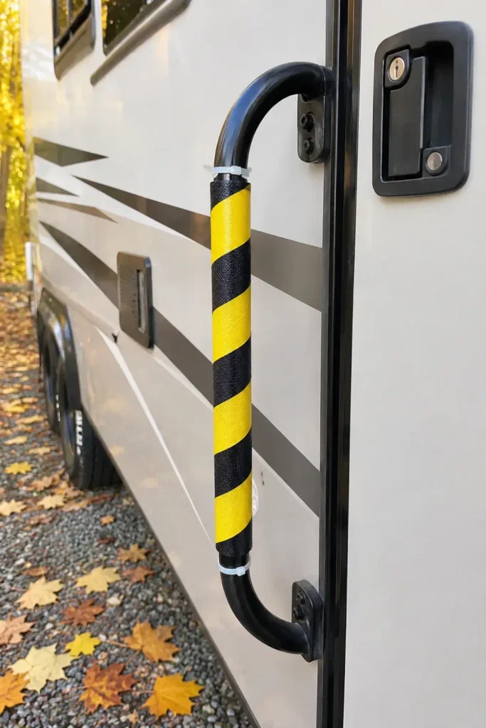 Yellow caution barricade tape wrapped neatly around an RV exterior folding grab handle