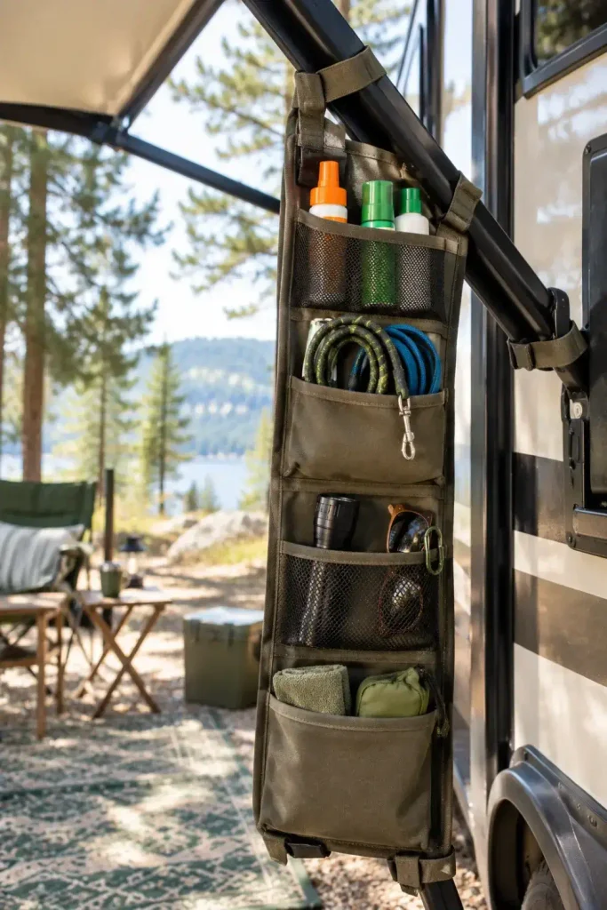 Hanging mesh pocket organizer attached to an RV awning arm holding sunscreen, bug spray, and camp gear.