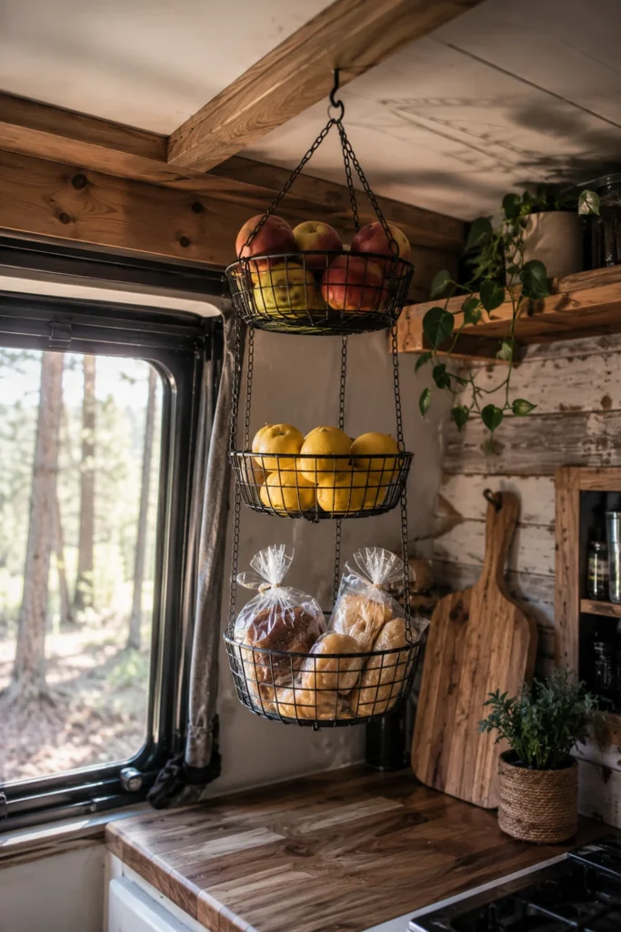 Three-tier wire basket hanging from camper kitchen ceiling holding fresh produce.