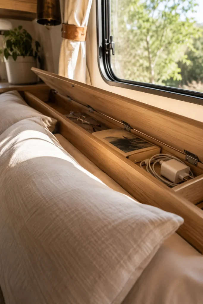 Flip-top wooden storage shelf built behind an RV mattress against the wall
