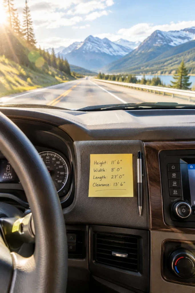 Close-up of a sticky note with RV clearance height measurements attached to the vehicle dashboard on a sunny highway.
