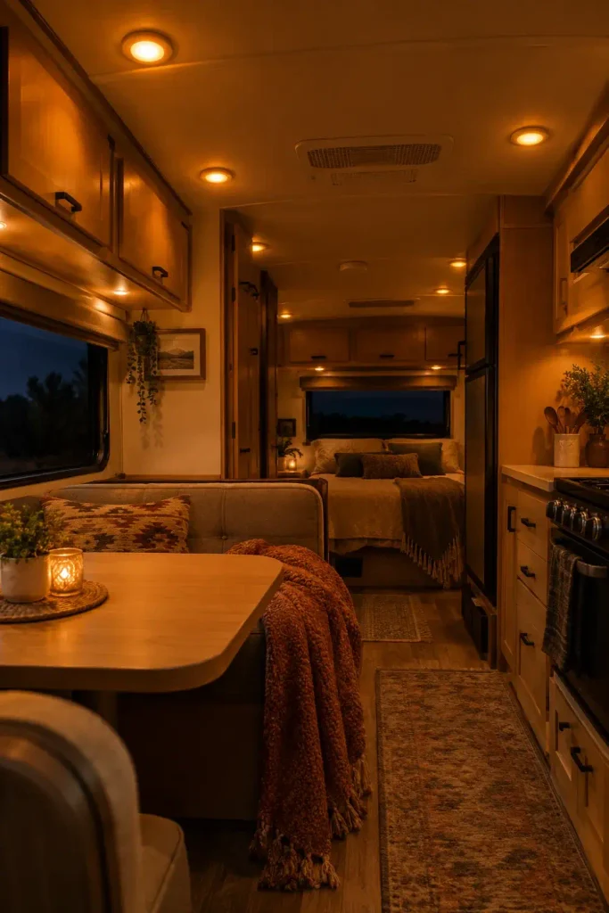 RV interior ceiling puck lights glowing in warm amber tones over light wood camper cabinetry.