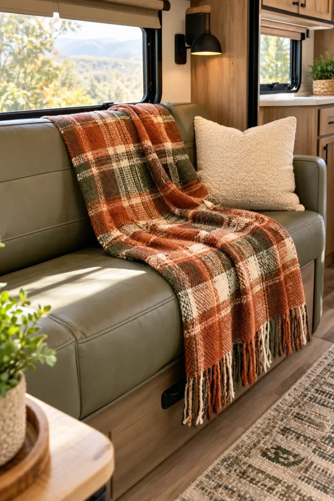 Burnt orange and olive plaid woven throw blanket draped across an RV jackknife camper sofa.