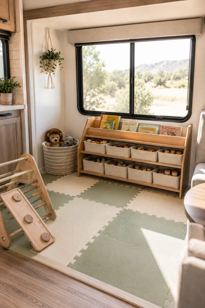 Children play area with interlocking foam floor tiles and low toy storage bins in a renovated RV.