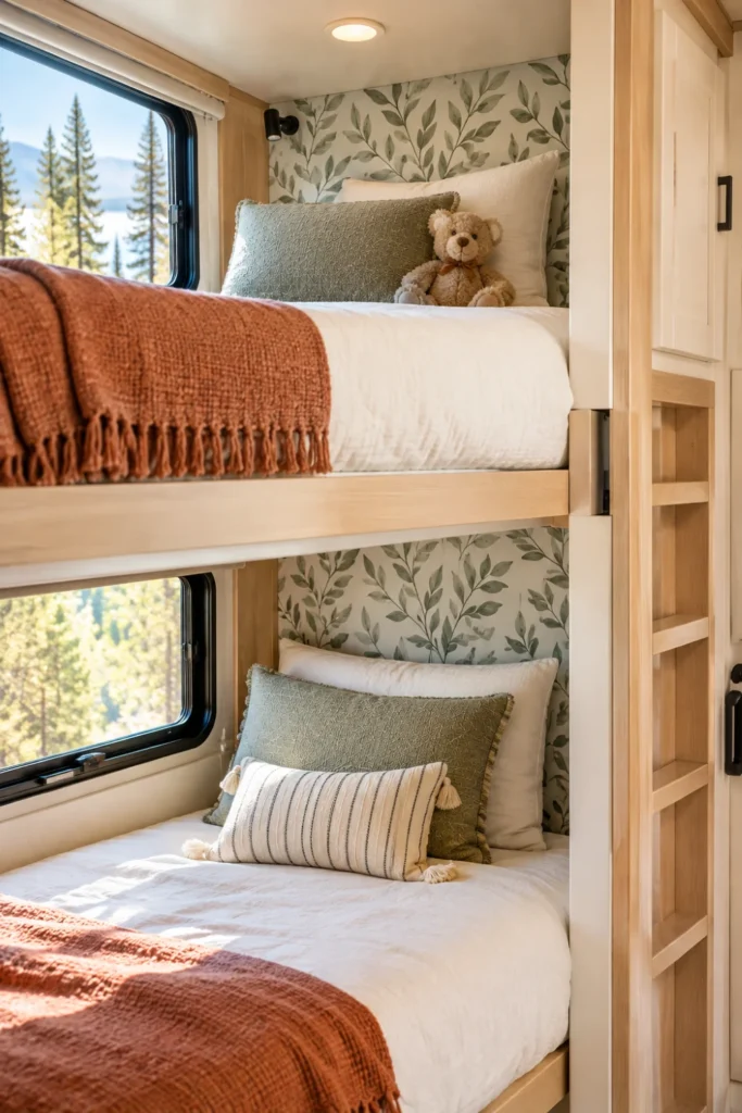 Modern botanical peel-and-stick accent wallpaper installed on the back wall of an RV kids bunk nook.