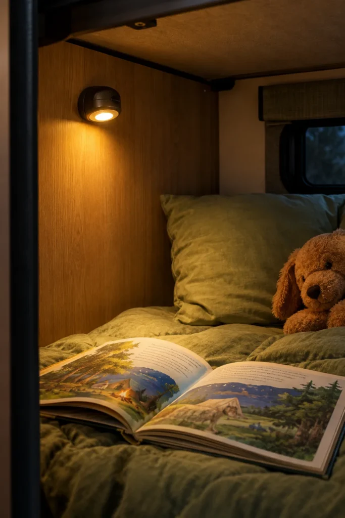 Warm low-voltage LED puck reading light mounted on an RV bunk wall casting a soft bedside glow.