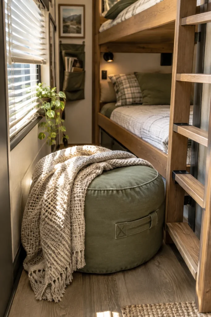 Heavy cotton canvas stuffed storage pouf placed on the floor between RV bunk beds for seating.