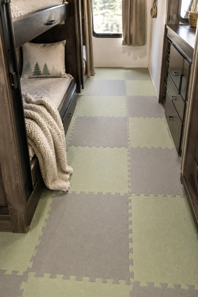 Soft, interlocking sage green and grey EVA foam play tiles covering an RV bunkhouse floor.