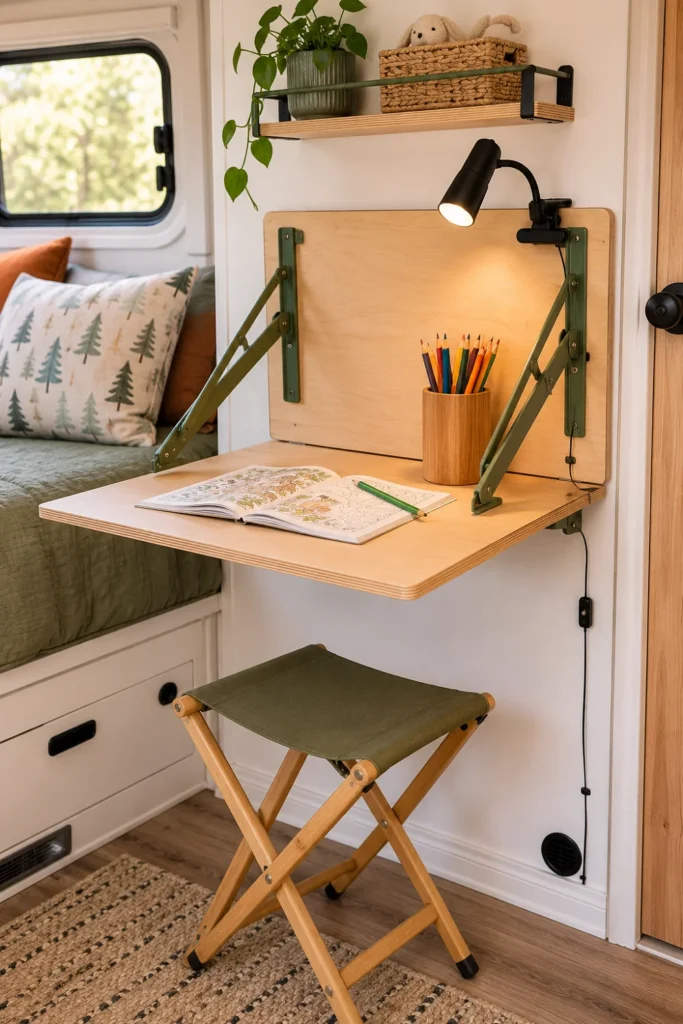 A functional fold-down birch plywood desk for kids mounted on an RV wall, holding art supplies.