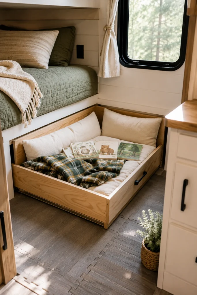 A cozy children's reading nook in an RV, built into a pull-out wooden drawer with cushions and books under a bunk bed.