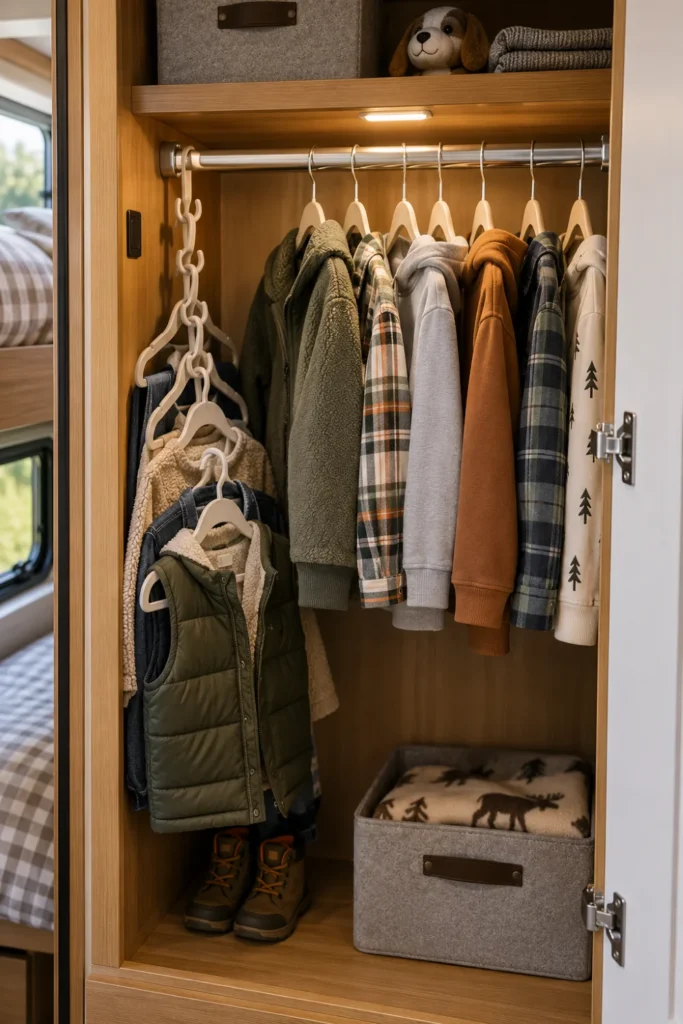 Compact RV wardrobe filled with kids clothes neatly organized on space-saving slim velvet hangers.