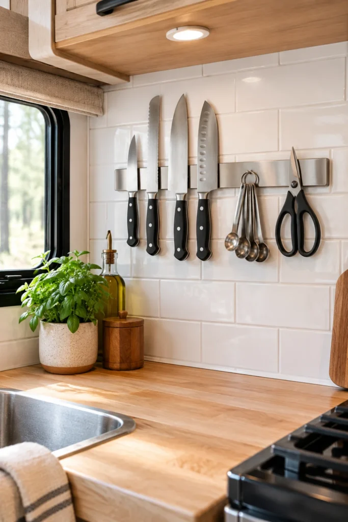 Wall mounted magnetic knife strip on an RV kitchen backsplash holding knives and stainless steel utensils.