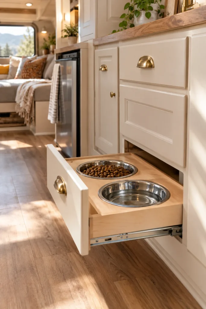 Low-profile pull-out kitchen drawer retrofitted with built-in dog bowls in a modern camper.