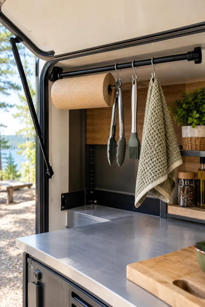 Tension rod hung under an open RV kitchen hatch holding a paper towel roll and cooking utensils on S-hooks.