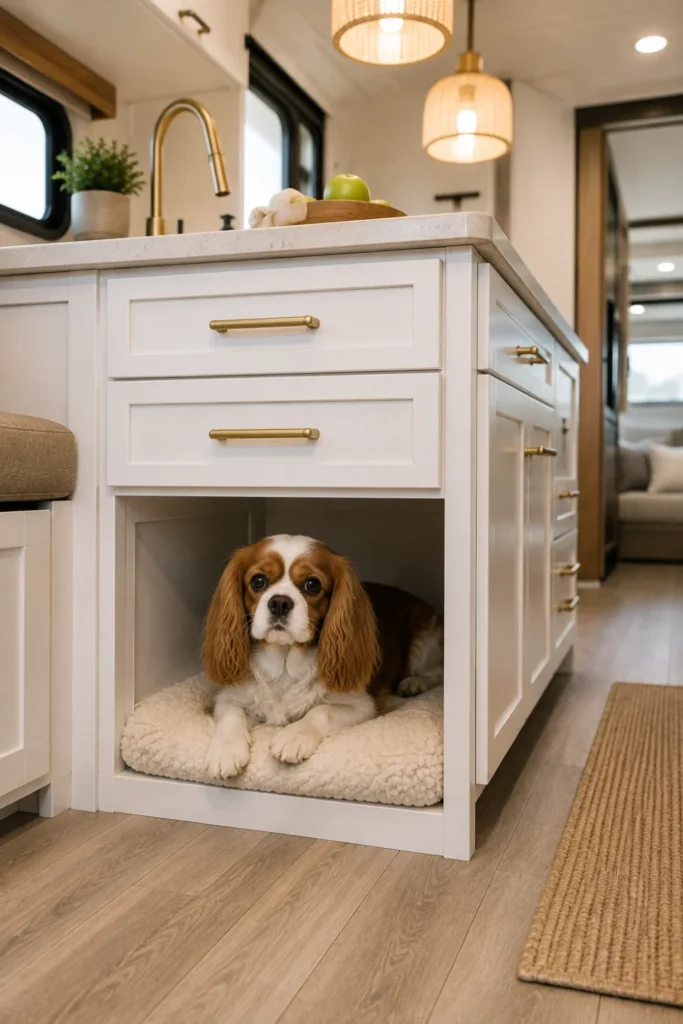 Custom recessed dog den built into the lower drawers of an RV kitchen island.