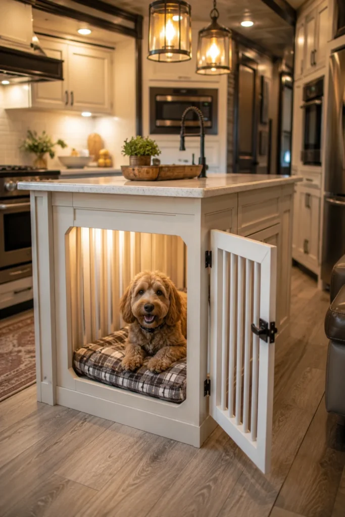 Built-in pet kennel with white farmhouse spindles integrated into the end cap of an RV kitchen island.
