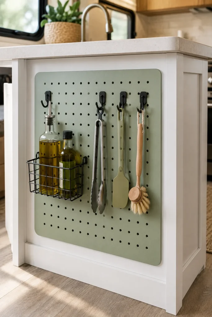 Painted sage green pegboard mounted on the side of an RV kitchen island holding cooking utensils and olive oil.