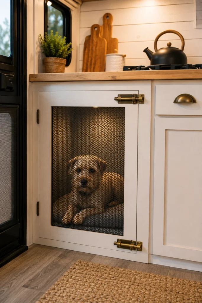 Lower RV kitchen pantry cabinet fitted with a decorative mesh insert door as a built-in pet kennel.
