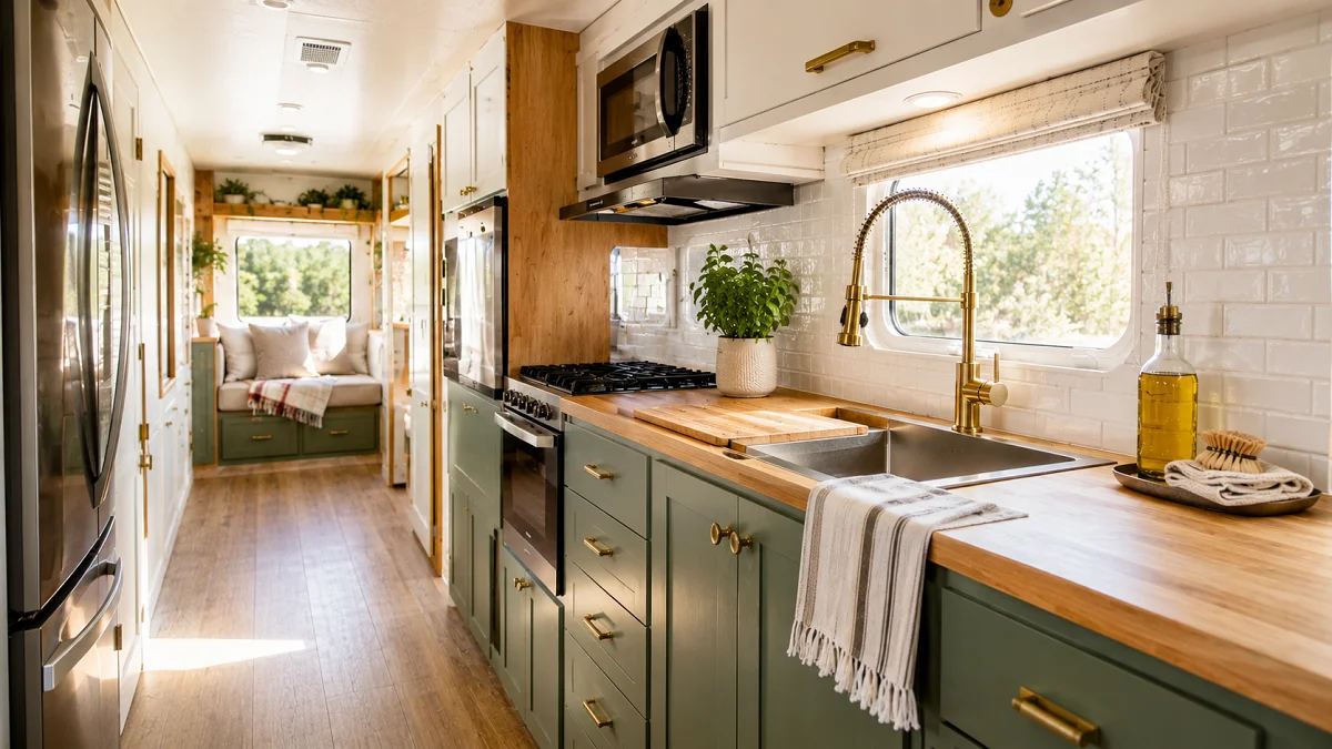 Bright and modern renovated RV kitchen featuring sage green cabinets, brass hardware, butcher block countertops, and a white subway tile backsplash.