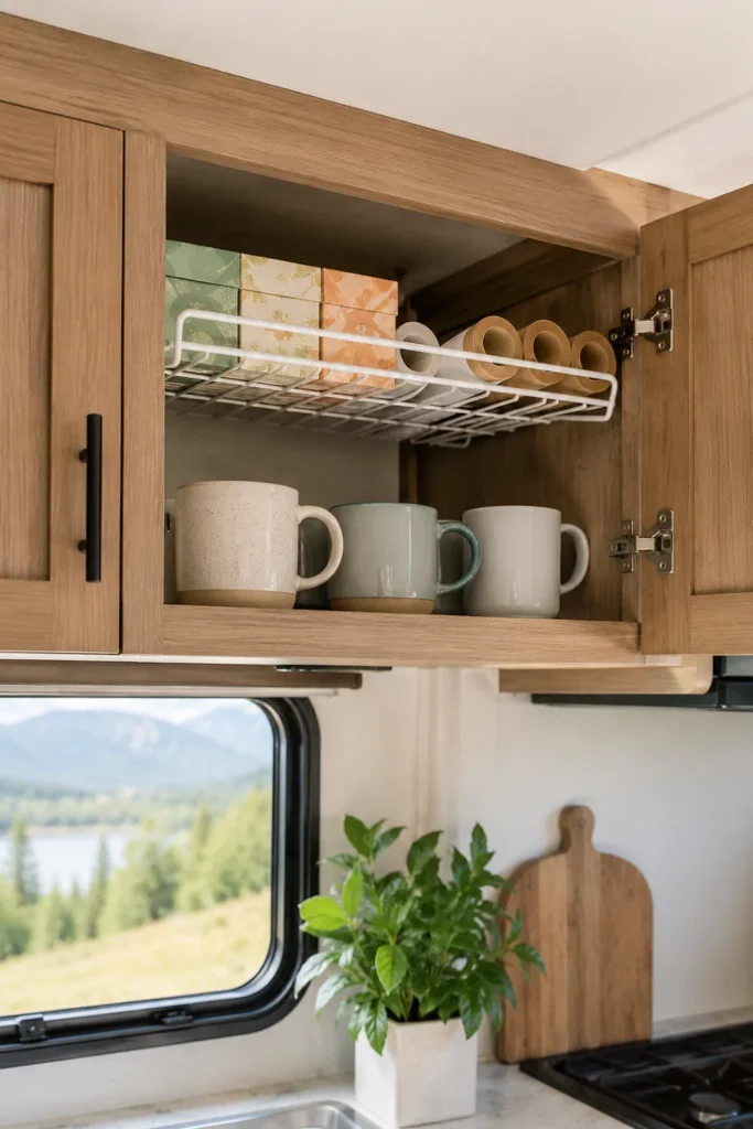 White under-shelf wire basket hanging inside an RV upper cabinet storing tea boxes and food wraps to save vertical space.