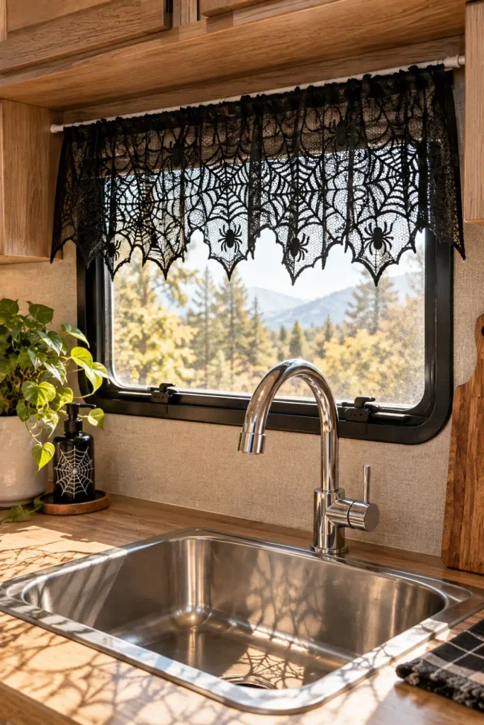 Black spiderweb lace valance mounted on a tension rod inside an RV kitchen window.
