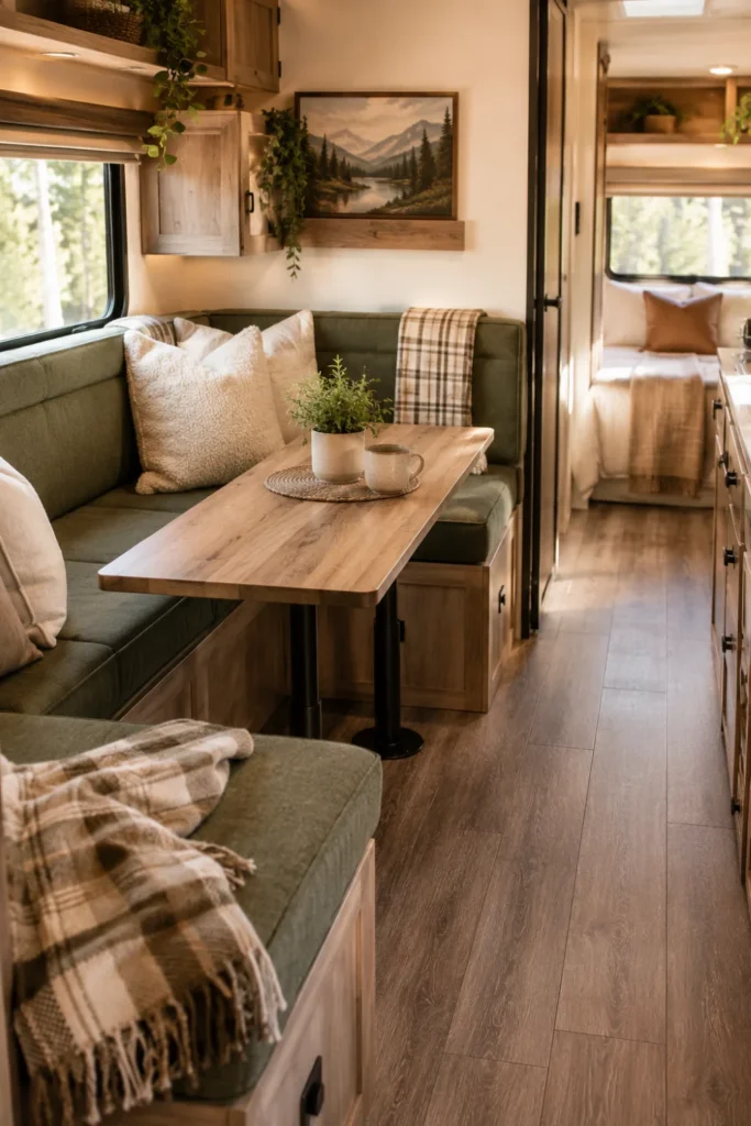 Custom L-shaped corner bench with sage green cushions and a slim wooden dining table in a renovated RV.

