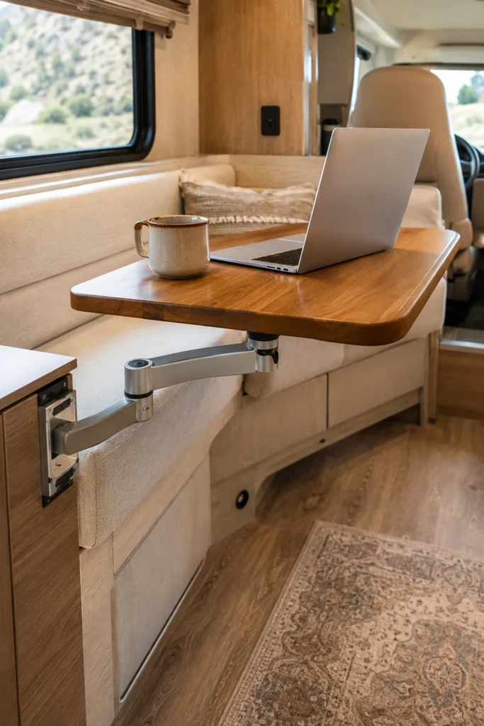 Hardwood Lagun swivel dining table mounted to a camper bench base with laptop and coffee cup.
