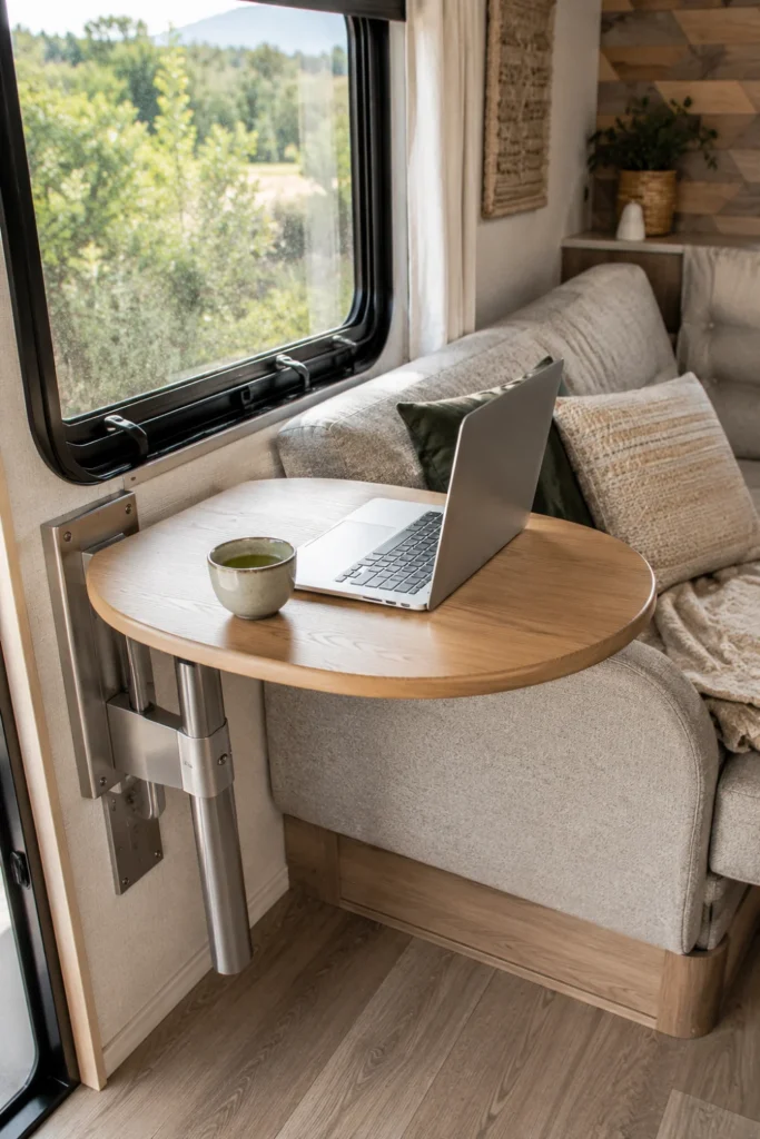 Adjustable Lagun swivel table with wooden top mounted to RV wall providing flexible workspace in place of a booth.