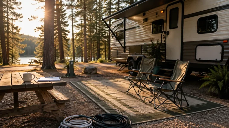 Travel trailer parked at a sunny woodland campsite with an organized outdoor seating area and departure checklist on a picnic table.