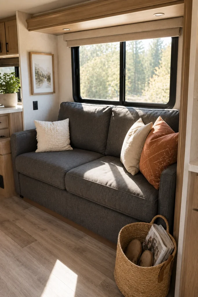 Small apartment-sized modern loveseat installed in an RV slideout to replace a stiff factory dinette.