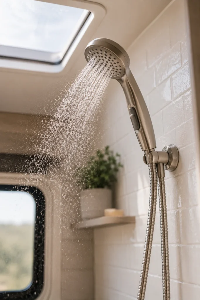 Close-up of a modern brushed nickel RV low-flow showerhead mounted in a compact camper shower stall with water droplets.