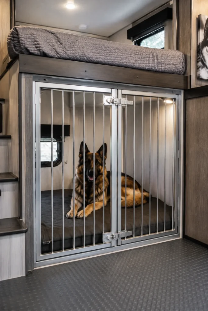 Lower RV bunk bed enclosed with vertical metal bars to create a dedicated large dog sleeping suite.