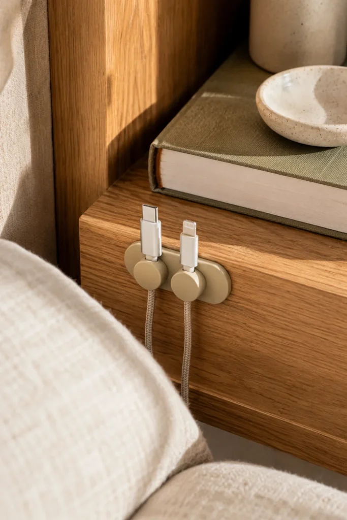 Silicone magnetic cable organizer neatly holding charging cords on a camper bedside shelf.