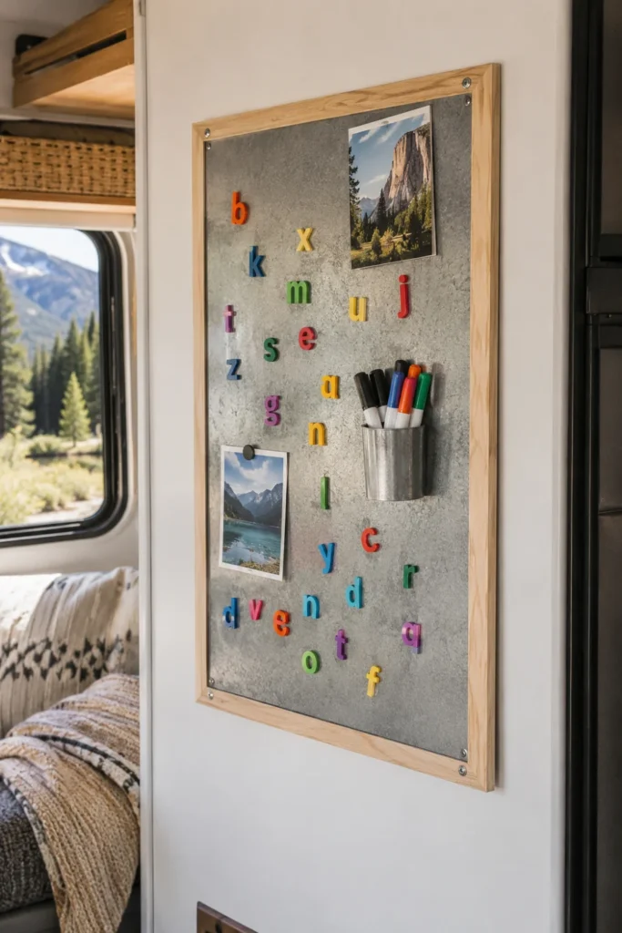 A galvanized steel magnetic board mounted on an RV wall for kids' magnets and drawings.
