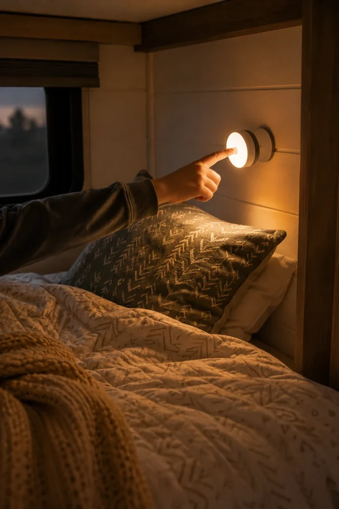 A child's hand tapping a warm, magnetic rechargeable LED puck light mounted above an RV bunk bed.