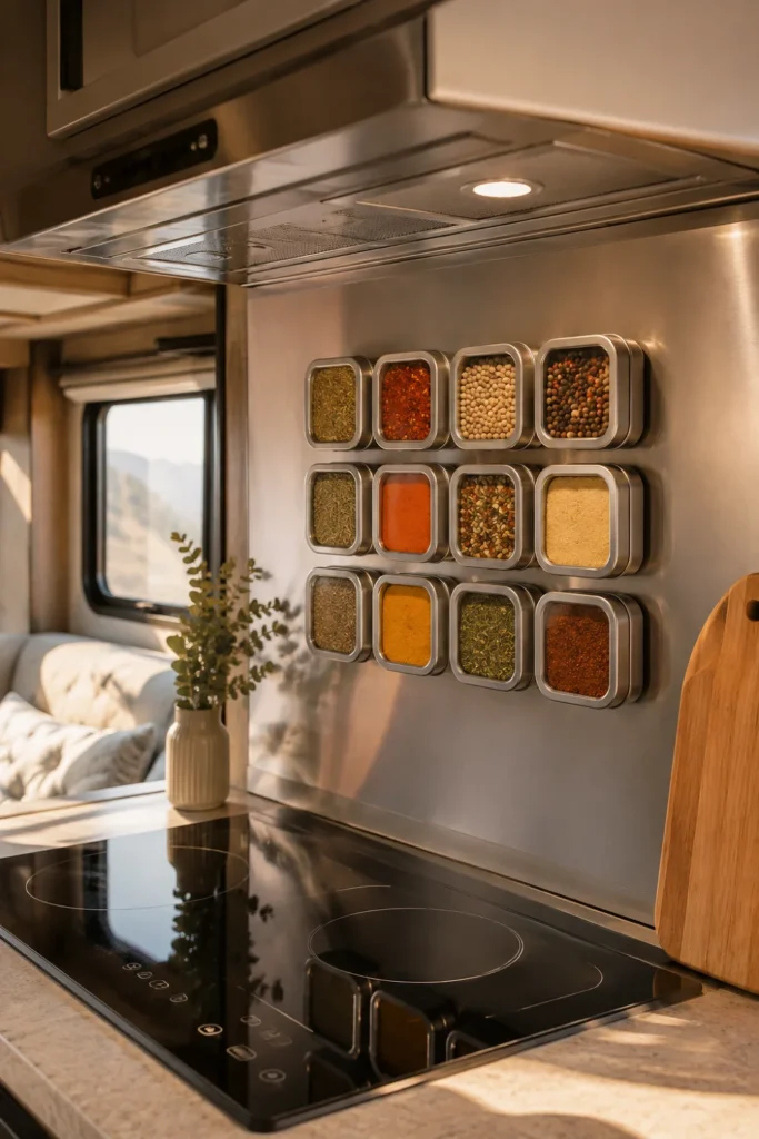 Square magnetic spice tins attached to an RV range hood and backsplash filled with colorful seasonings.
